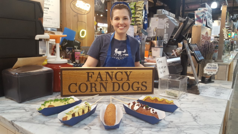 Rebecca Foxman at her outpost Fox and Son Fancy Corn Dogs in Philadelphia’s Reading Terminal Market. (Courtesy of Rebecca Foxman)