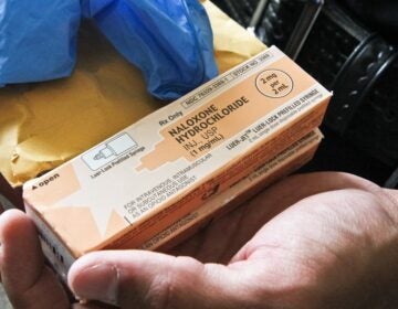 An up-close image of a package of Naloxone in someone's hand.