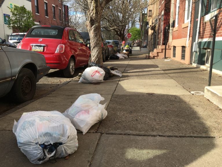 City sanitation workers did not make their usual stop on this Kensington block on April 1, 2020. (Catalina Jaramillo/WHYY)