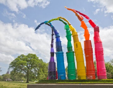Sculptor Sarah Peoples installed this noncommissioned rainbow monument to spread cheer during the pandemic. (Kimberly Paynter/WHYY)