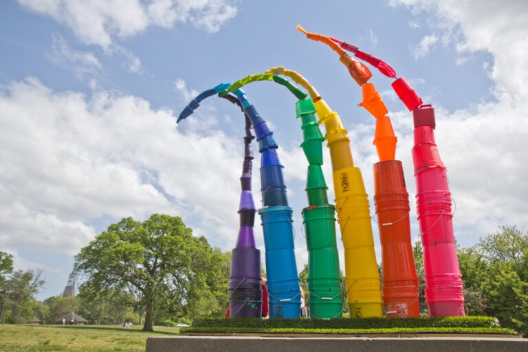 Sculptor Sarah Peoples installed this noncommissioned rainbow monument to spread cheer during the pandemic. (Kimberly Paynter/WHYY)