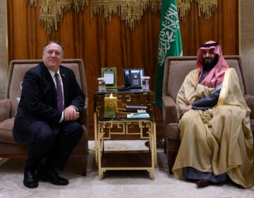 U.S. Secretary of State Mike Pompeo, left, meets with Saudi Arabia's Crown Prince Mohammed bin Salman at Irqah Palace, in Riyadh Saudi Arabia, Thursday, February 20, 2020. Pompeo met with King Salman in the capital, Riyadh, on Thursday. (Andrew Caballero-Reynolds/Pool via AP)