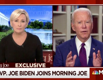 This video framegrab image from MSNBC's Morning Joe, shows Democratic presidential candidate former Vice President Joe Biden speaking to co-host Mika Brzezinski, Friday, May 1, 2020. (MSNBC's Morning Joe via AP)