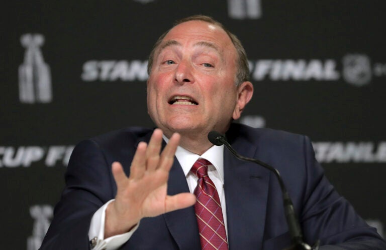 In this May 27, 2019, file photo, NHL Commissioner Gary Bettman speaks to the media before Game 1 of the NHL hockey Stanley Cup Finals between the St. Louis Blues and the Boston Bruins, in Boston. (AP Photo/Charles Krupa, File)