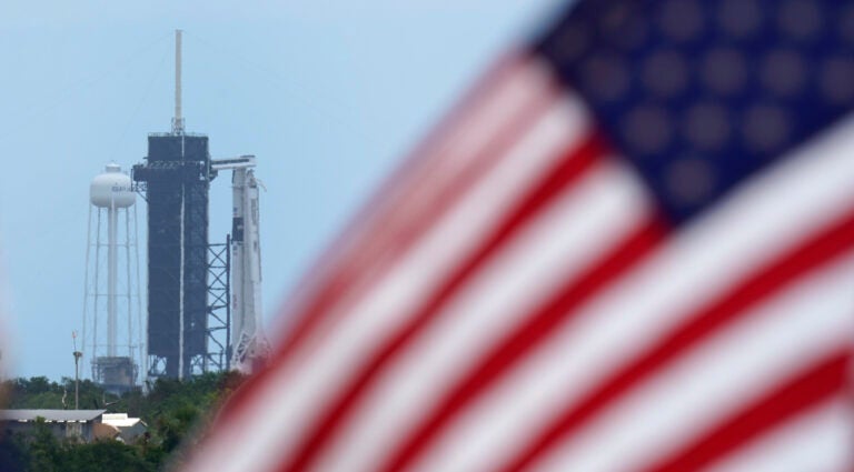 A SpaceX Falcon 9, with NASA astronauts Doug Hurley and Bob Behnken in the Crew Dragon capsule, sits on Launch Pad 39-A at the Kennedy Space Center in Cape Canaveral, Fla., Saturday, May 30, 2020. (AP Photo/David J. Phillip)