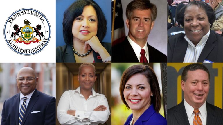 Candidates for Pennsylvania Auditor General, clockwise from Top L: Nina Ahmad (D), Scott Conklin (D), Rosie Davis (D), Michael Lamb (D), Christina Hartman (D), Tracie Fountain (D), and Timothy DeFoor (R). (Courtesy of candidate campaigns)