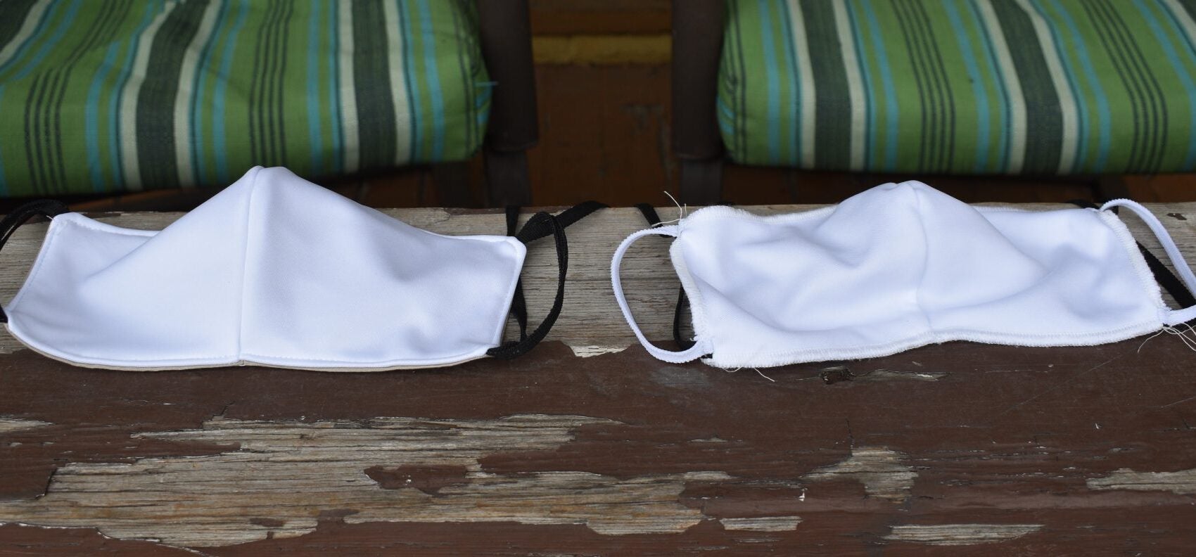 Two masks made by All Sports America are shown on Scott Hoffman’s porch in Sunbury, Northumberland County, on April 29, 2020. (Ed Mahon / PA Post)