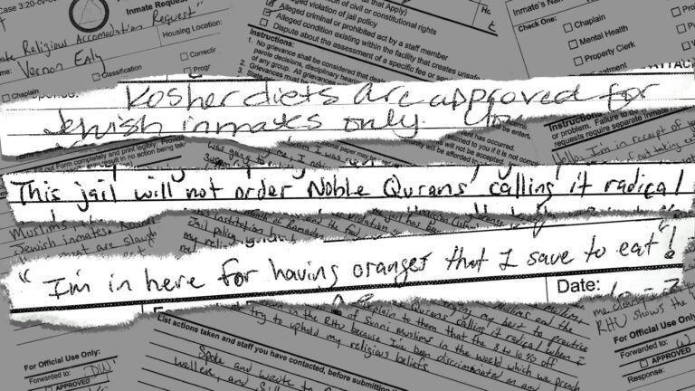 Photo illustration by WITF's Tom Downing

Excerpts from grievances filed by incarcerated Muslims held at the Franklin County Prison. (Tom Downing/WITF)