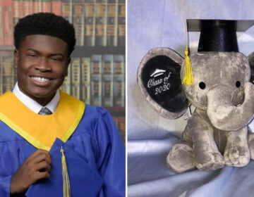 Graduating high school senior Jared Barnes; the 'Class of 2020' stuffed elephant his mom made for several students. (Facebook)