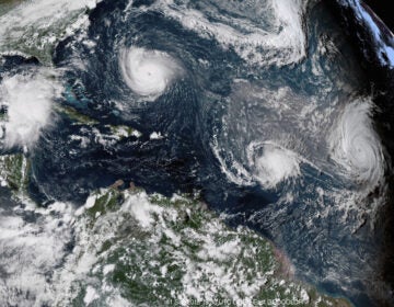 Three hurricanes form in the Atlantic in September 2018. Forecasters predict three to six major hurricanes during the 2020 season, which is above average. (NOAA via AP)