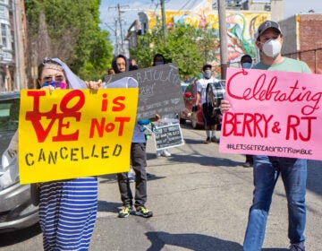 Lacey Woodrow hired the Positive Movement drumline to march down her sister, Berry’s, street in South Philadelphia Friday, the day she had planned to be married. (Kimberly Paynter/WHYY)