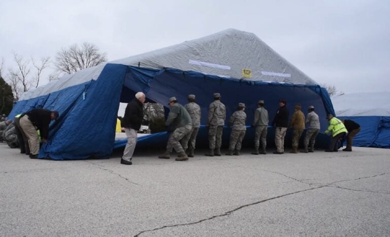 Nearly 80 members of the Pennsylvania National Guard are assisting Montgomery County Emergency Management Agency with operating a COVID-19 testing site in Upper Dublin Township, Montgomery County. (Master Sgt. George Roach / Pennsylvania National Guard)