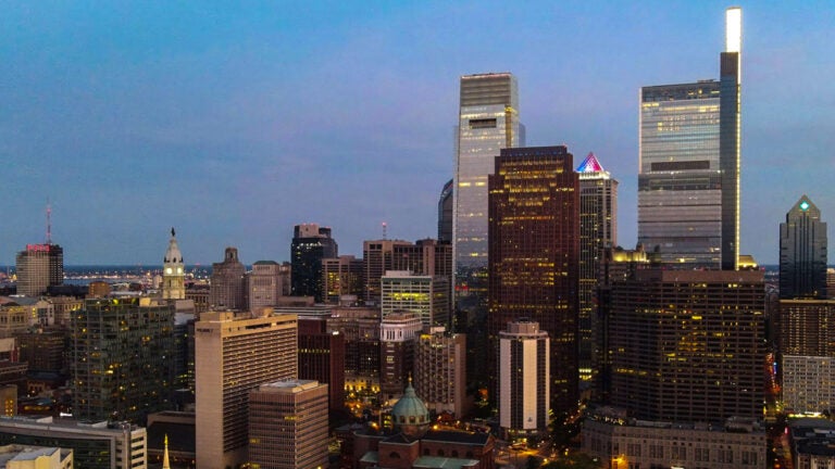 The Philadelphia skyline is pictured at dusk in May 2020.