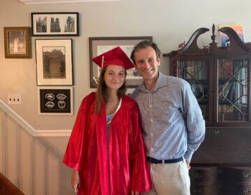 Senior Grace Honeyman and her father, Tom Honeyman, prepare to attend a virtual graduation event at Harriton High School in Lower Merion Township. (Photo by Kate Honeyman)