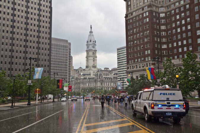 Despite a downpour, protests in Philadelphia continued for the 7th straight day. (Kimberly Paynter/WHYY)