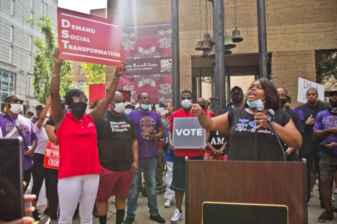 Philadelphia councilmember at-large Kathy Gilmore Richardson spoke at a protest outside the African American History Museum, calling for social reform in Philadelphia. (Kimberly Paynter/WHYY)