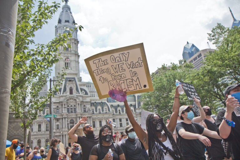 Protesters marched through Center City Philadelphia from the Art Museum and back Saturday, in a mass demonstration that called for police reform in the city and the country. (Kimberly Paynter/WHYY)