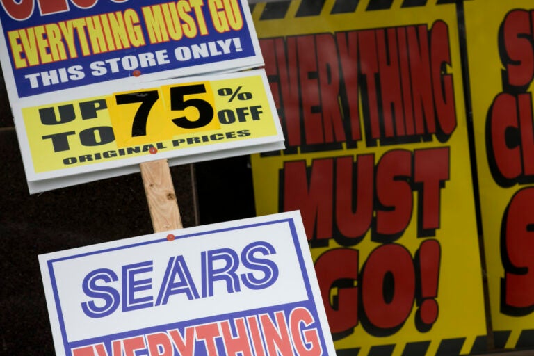 'Store Closing' signs outside of a Sears retail store location in Livingston, New Jersey, on March 23, 2020. (Photo by Kristoffer Tripplaar/Sipa USA)(Sipa via AP Images)