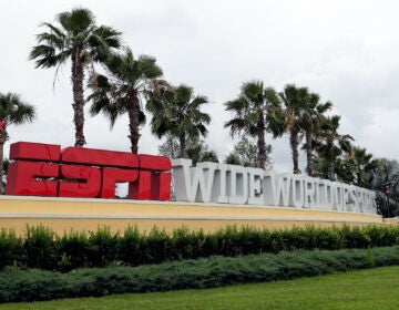 A sign marking the entrance to ESPN's Wide World of Sports at Walt Disney World is seen Wednesday, June 3, 2020, in Kissimmee, Fla. (AP Photo/John Raoux)