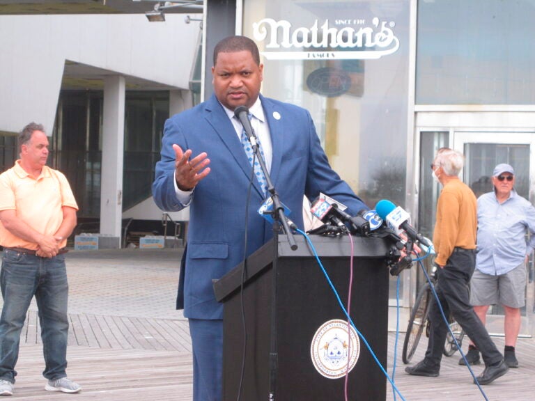 Atlantic City Mayor Marty Small speaks at a press conference, where he announced that billionaire investor Carl Icahn has filed plans to demolish the former Trump Plaza casino, in Atlantic City, N.J., Thursday, June 11, 2020, where pieces of the building have broken loose and crashed to the ground. (AP Photo/Wayne Parry)