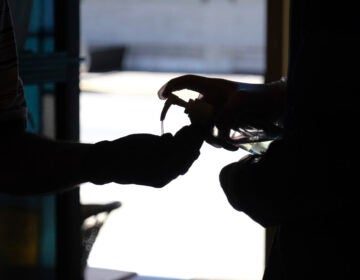 An usher squirts hand sanitizer onto a worshiper's hands as they enter for a Sunday mass at St. Agnes Church in Paterson, N.J., Sunday, June 14, 2020. (AP Photo/Seth Wenig)