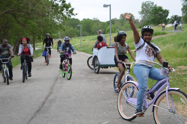 Students bike along Bartram’s Garden property (June Mansfield/Bartram’s Garden)