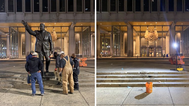 City workers removed the statue of Frank Rizzo in Wednesday's predawn hours. (Courtesy of City of Philadelphia)