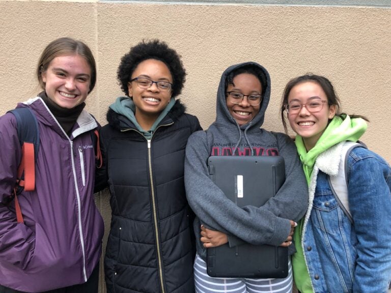 (Left to right) Julia R. Masterman School rising seniors Aden Gonzales, Nia Weeks, Tatiana Bennett, and Taryn Flaherty en route to turn in their historical marker application. December 2019. (Photo courtesy of Aden Gonzales)