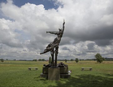 The Louisiana Monument raises up near the rebel encampment on Seminary Ridge on the Gettysburg battlefield, July 1, 2013, the 150th anniversary of the first day of the historic 1863 battle. (Mark Pynes | mpynes@pennlive.com)