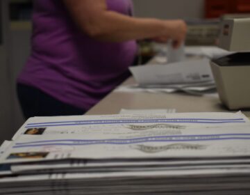 A stack of ballots that arrived at the Berks County Office of Election Services June 4, two days after the deadline. Many thousands of ballots were late statewide, even in the seven jurisdictions covered by deadline extension orders. (Emily Previti/PA Post)