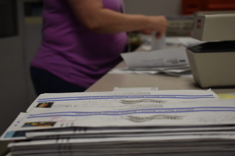 A stack of ballots that arrived at the Berks County Office of Election Services June 4, two days after the deadline. Many thousands of ballots were late statewide, even in the seven jurisdictions covered by deadline extension orders. (Emily Previti/PA Post)