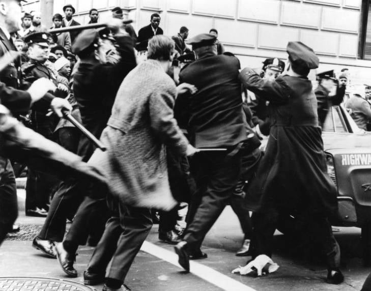 1967 Black student walkout demonstrators are attacked by Philadelphia police officers with nightsticks. (Courtesy of the George D. McDowell Philadelphia Evening Bulletin Collection at Temple University Libraries, Special Collections Research Center, Philadelphia, PA)