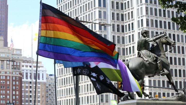An LGBTQ pride flag is pictured in Center City.