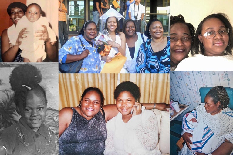 (Counterclockwise from top left) Falneshia Adams in her mother's arms; Falneshia at age 5; Falneshia (left) with her niece, Heather Robinson; Falneshia cradles her infant daughter, E'neshia Hill; Falneshia and E'neshia, now age 10; and Falneshia (left) attends the graduation of her niece, Ashley Wyatt, with sisters Shani Adams Nicolas and Sonya Robinson. (Courtesy of Shani Adams Nicolas)