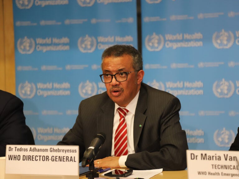World Health Organization Director-General Tedros Adhanom Ghebreyesus at a news conference in March. (Chen Junxia/Xinhua News Agency/Getty Images)