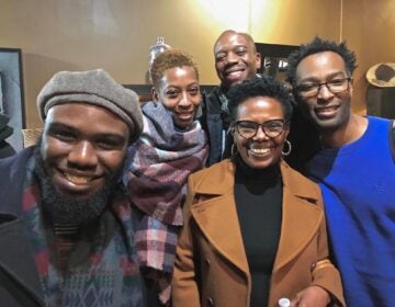 Momo St. Clair (left) and the cast of 'Mr. DuBois: A Myth' (from left) Niya Colbert, Eric Carter, Nancy Gilliam and Richard Bradford, prepare for a dramatic reading of the play on Facebook Live. (Courtesy of Momo St. Clair)