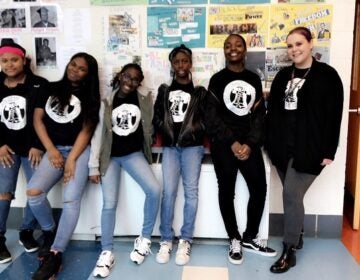 Aubrey Stewart, right, with some of her students at Feltonville Arts and Sciences. (Courtesy of The Notebook)