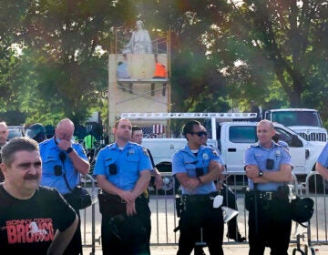 Philly police officers at Marconi Plaza during a June rally sparked by the Columbus statue. (Michaela Winberg/Billy Penn)