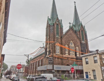 The streets around St. Laurentius Church are blocked due to falling debris and slated demolition. (Kimberly Paynter/WHYY)