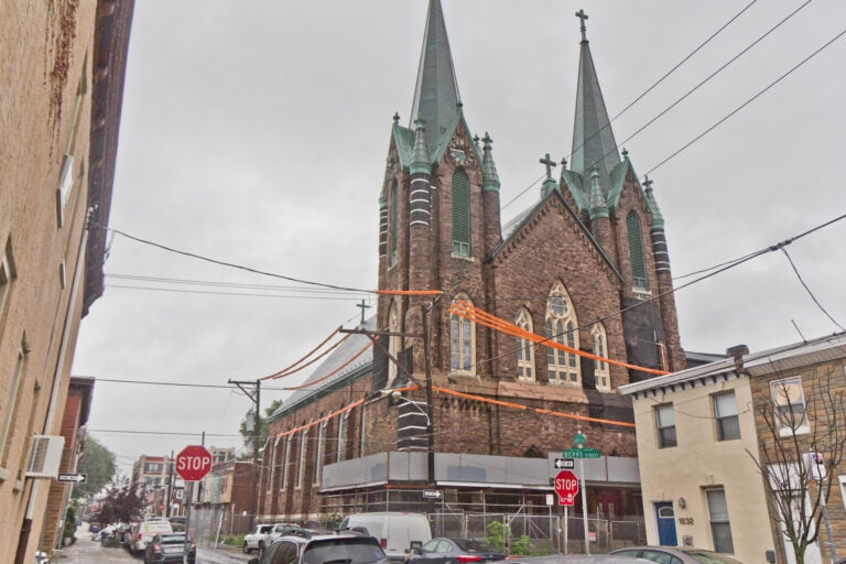 The streets around St. Laurentius Church are blocked due to falling debris and slated demolition. (Kimberly Paynter/WHYY)
