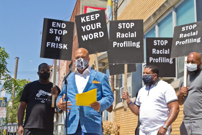 Will Mega of the Human Rights Coalition 215 stood with other activists outside Philadelphia Police’s 26th district precinct to demand an end to stop-and-frisk policies in the city. (Kimberly Paynter/WHYY)