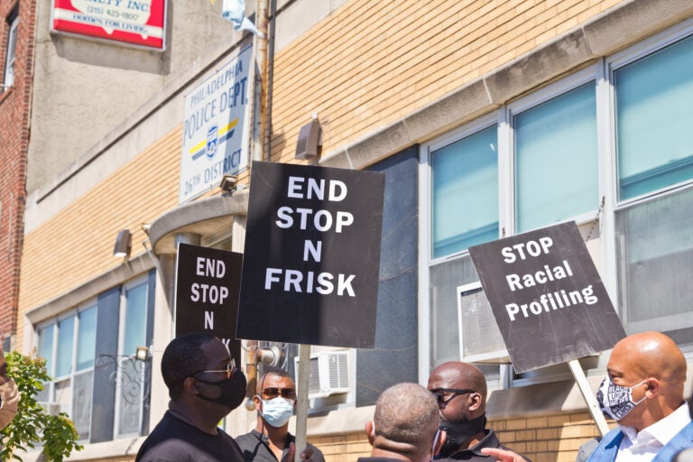 Community groups working against violence in the city of Philadelphia protested stop-and-frisk outside the 26th Police District in Fishtown. (Kimberly Paynter/WHYY)