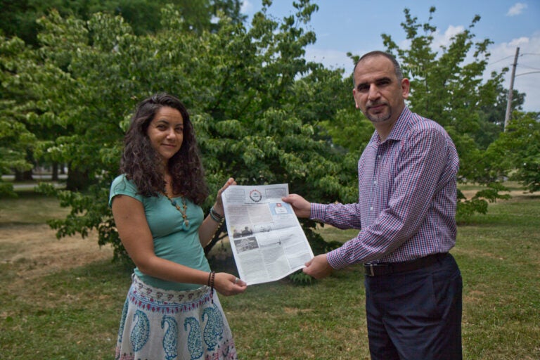 Nora Elmarzouky (left) and Yaroub Al-Obaidi (right) are the editors of the Friends, Peace, Sanctuary Journal, the first Arabic newspaper in Philadelphia in over 100 years. (Kimberly Paynter/WHYY)