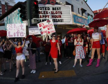 People chant as they march in support of sex workers, Sunday, June 2, 2019, in Las Vegas. People marched in support of decriminalizing sex work and against the Fight Online Sex Trafficking Act and the Stop Enabling Sex Traffickers Act, among other issues. (AP Photo/John Locher)