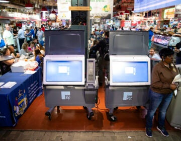 In this June 13, 2019, file photo, ExpressVote XL voting machines are displayed during a demonstration at the Reading Terminal Market in Philadelphia. (AP Photo/Matt Rourke)