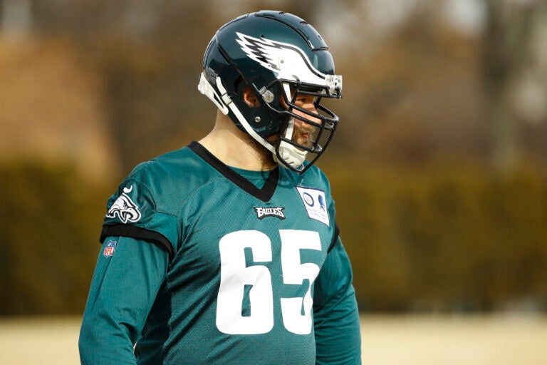 Philadelphia Eagles offensive tackle Lane Johnson warms up at the NFL football team's practice facility in Philadelphia, Thursday, Jan. 2, 2020. (AP Photo/Matt Rourke)