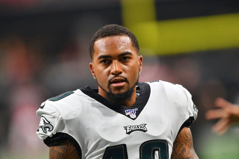 Philadelphia Eagles wide receiver DeSean Jackson (10) warms up before the first half of an NFL football game against the Atlanta Falcons, Sunday, Sept. 15, 2019, in Atlanta. (AP Photo/John Amis)