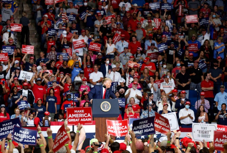 In this Saturday, June 20, 2020, file photo, President Donald Trump speaks at BOK Center during his rally in Tulsa, Okla. (Stephen Pingry/Tulsa World via AP, File)