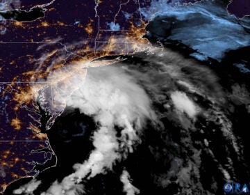 This GOES-16 satellite image taken at 9:30 UTC (5:30 a.m. EDT) on Friday, July 10, 2020 shows Tropical Storm Fay as it moves closer to land in the northeast of the United States. (NOAA via AP)