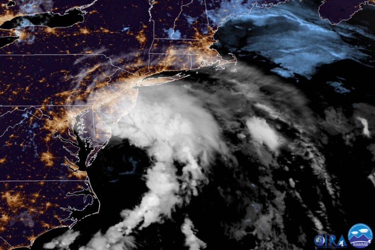 This GOES-16 satellite image taken at 9:30 UTC (5:30 a.m. EDT) on Friday, July 10, 2020 shows Tropical Storm Fay as it moves closer to land in the northeast of the United States. (NOAA via AP)